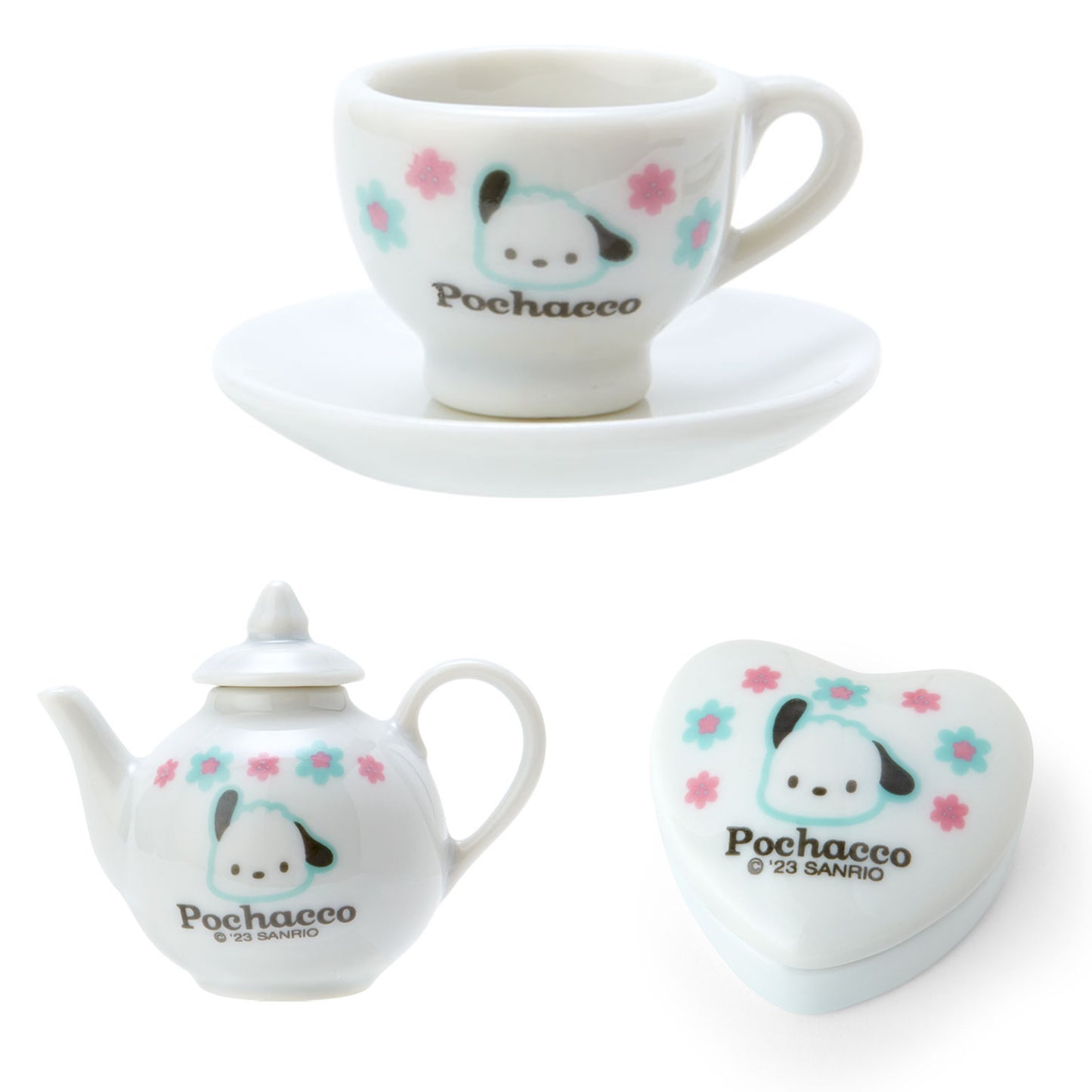 Pochacco 迷你陶瓷茶杯+茶壺+心形盒仔